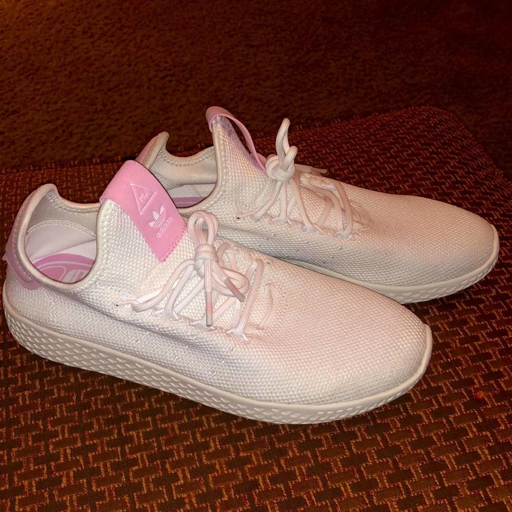 Ladies size 9 Pharrell Williams Adidas white with pink shoes.